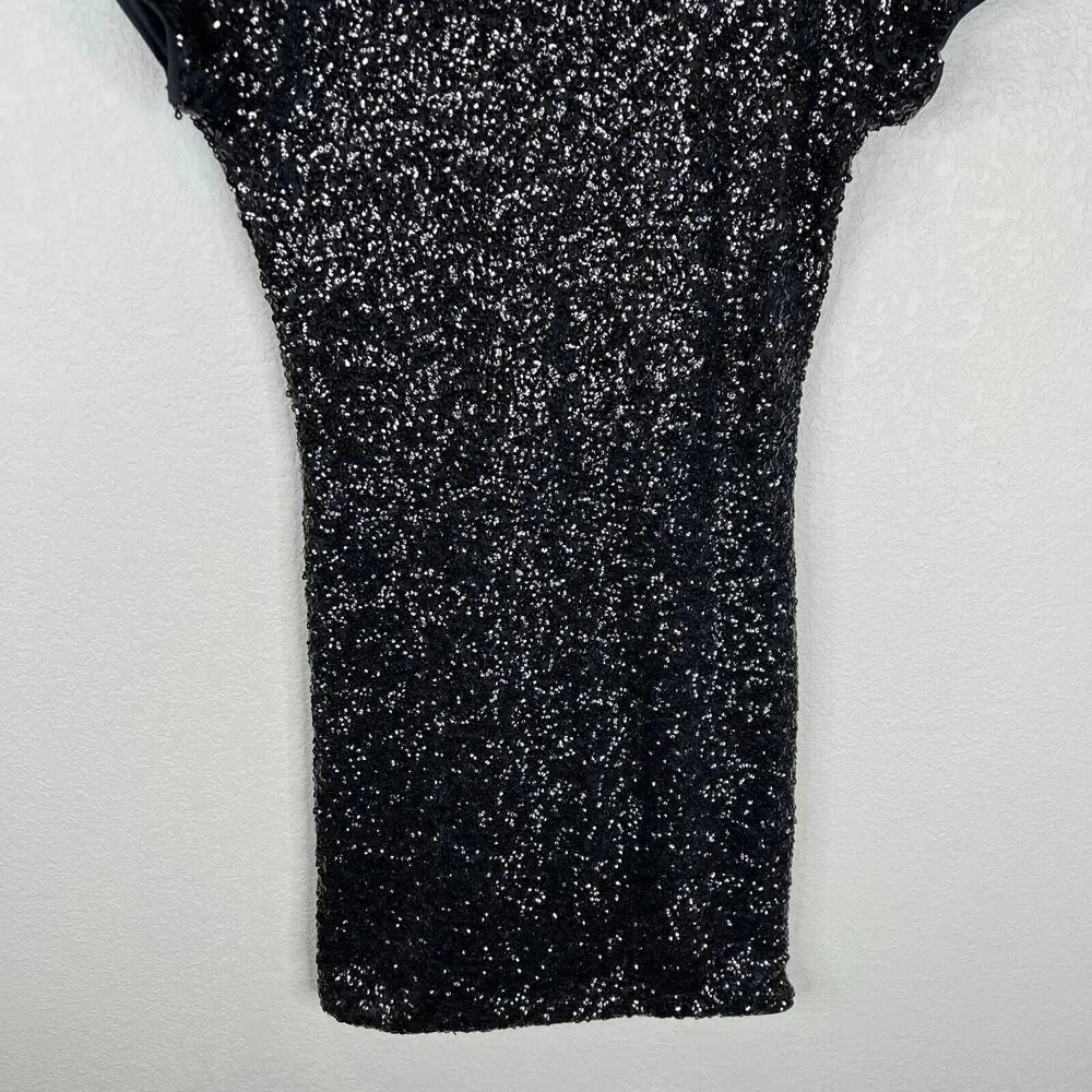 BLACK Mini Dress Small Black Sequined Short Sleeve Open Back Cocktail - Picture 4 of 12